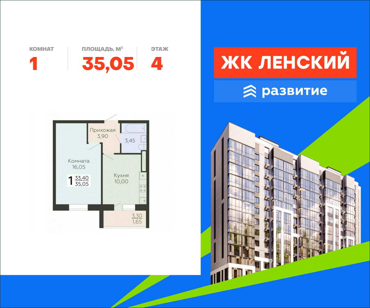 1-комнатная, 35.05 м² 1