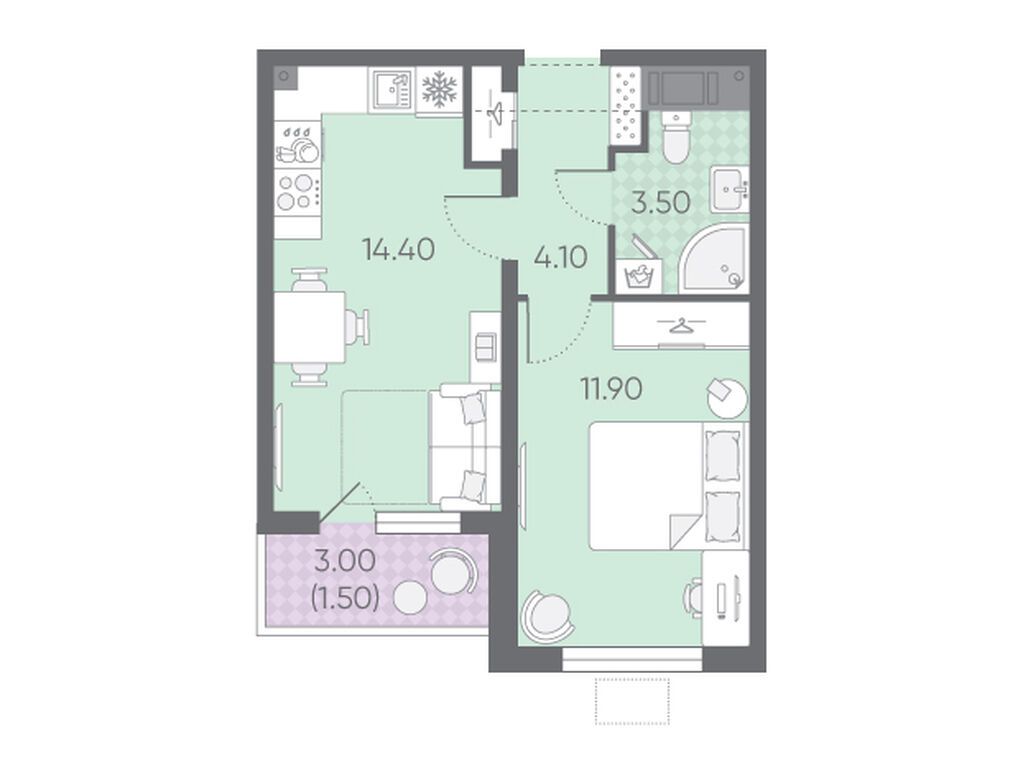 1-комнатная квартира, 35.4 кв.м, ЖК "Ручьи"