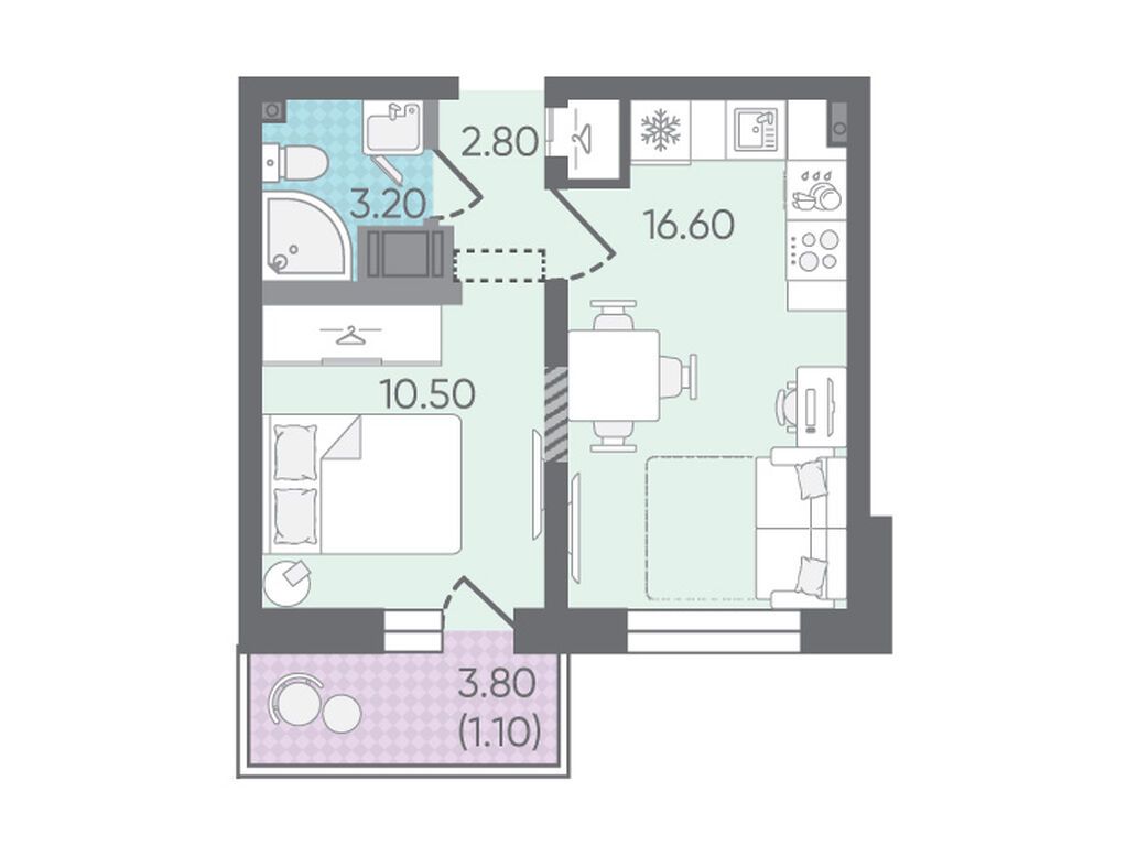 1-комнатная квартира, 34.2 кв.м, ЖК «Цветной город»