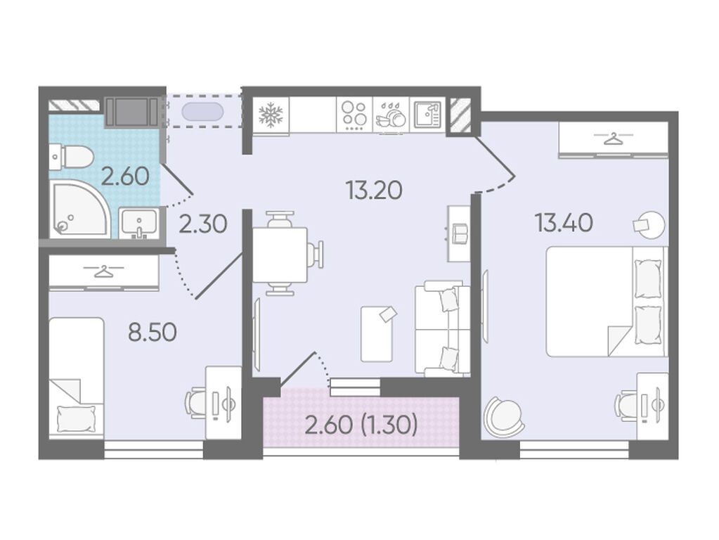 2-комнатная, 41.3 м2, ЖК «Цветной город»