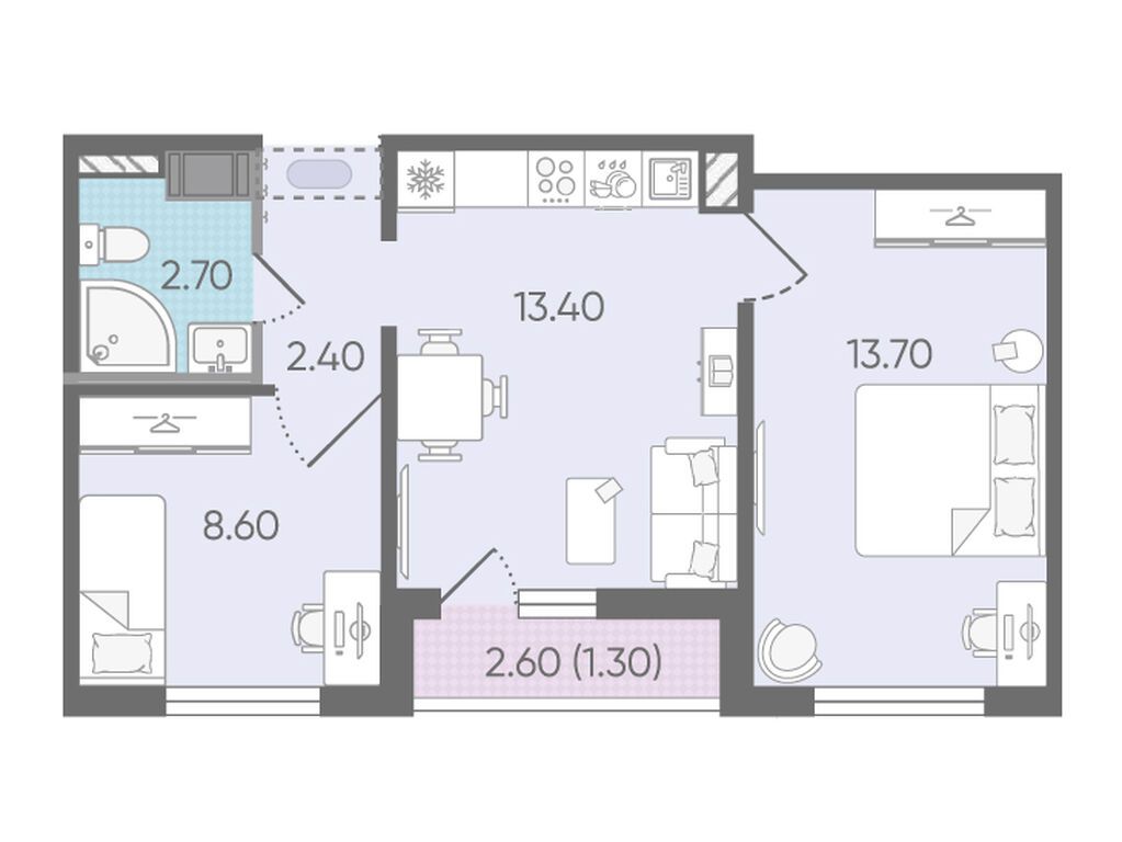 2-комнатная, 42.2 м2, ЖК «Цветной город»