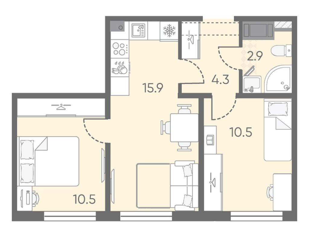 2-комнатная квартира, 44.1 кв.м, ЖК «Октябрьская набережная»