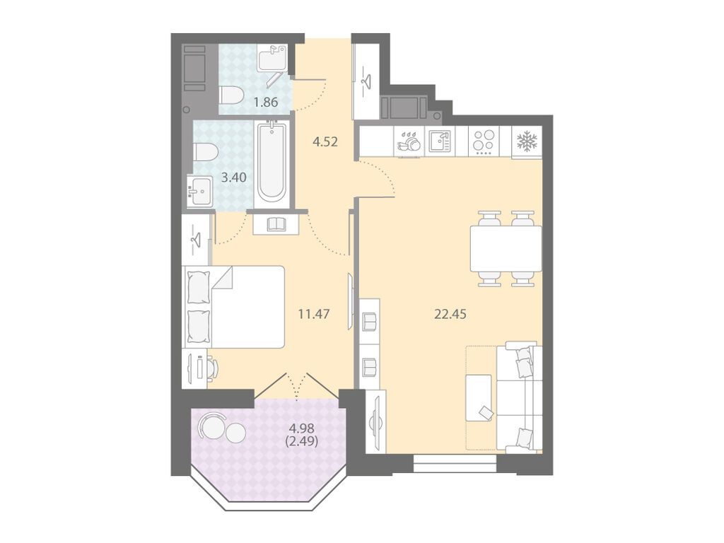 1-комнатная, 46.19 м2, ЖК «Цивилизация на Неве»