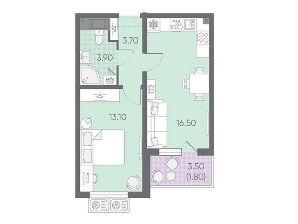 1-комнатная квартира, 39 кв.м, ЖК "Ручьи"