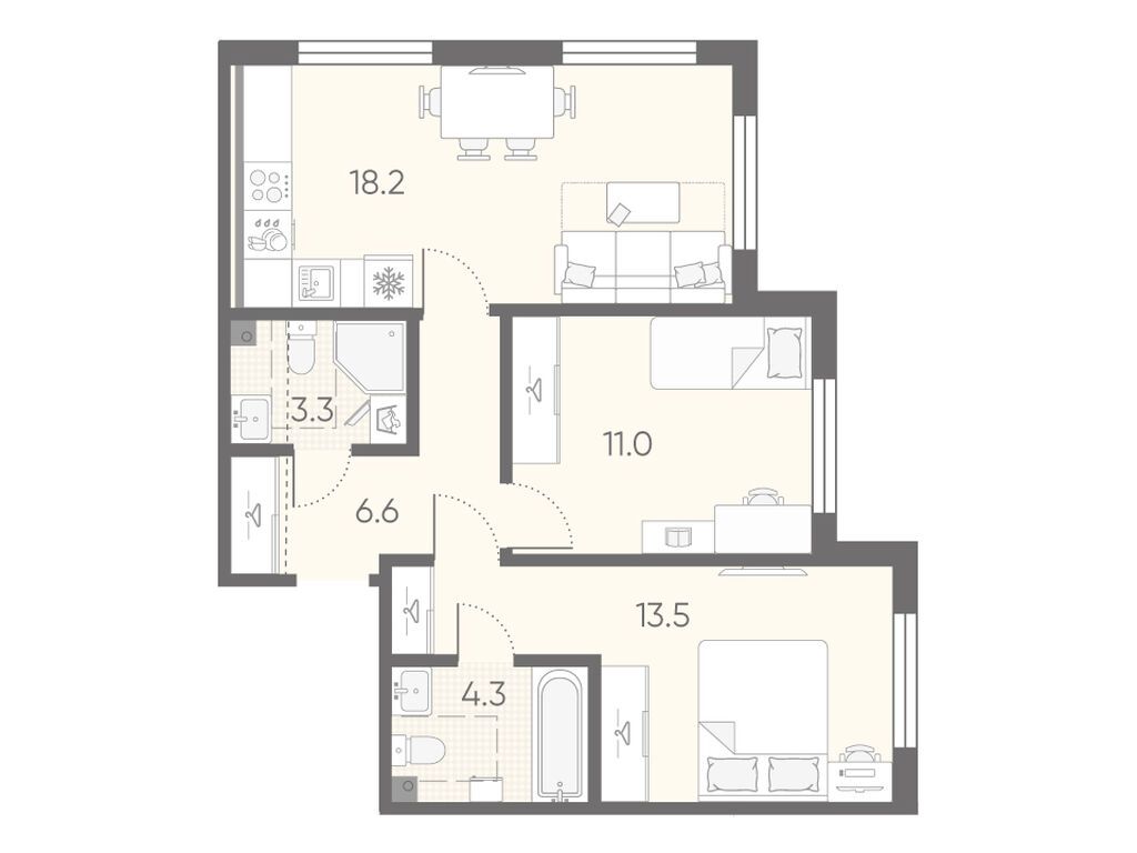 2-комнатная, 56.9 м2, ЖК «Пулково Лейк»