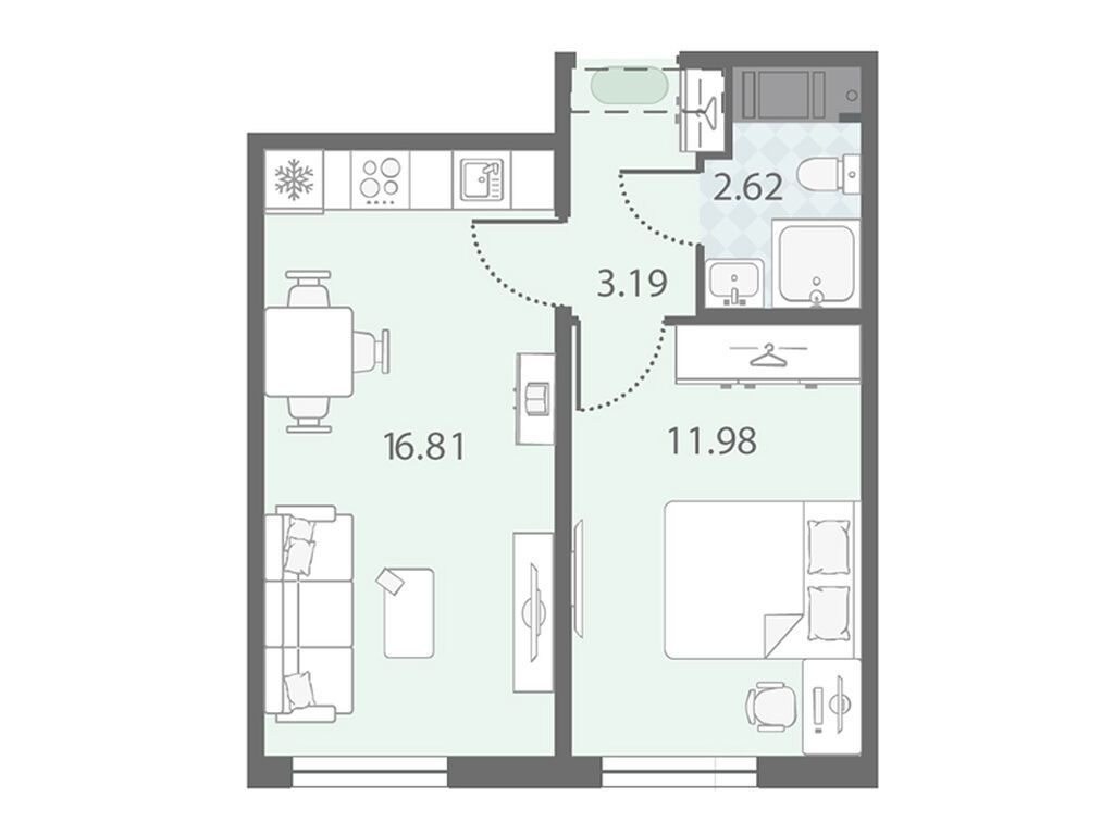 1-комнатная, 34.5 м², 23 этаж из 23, Морская миля
