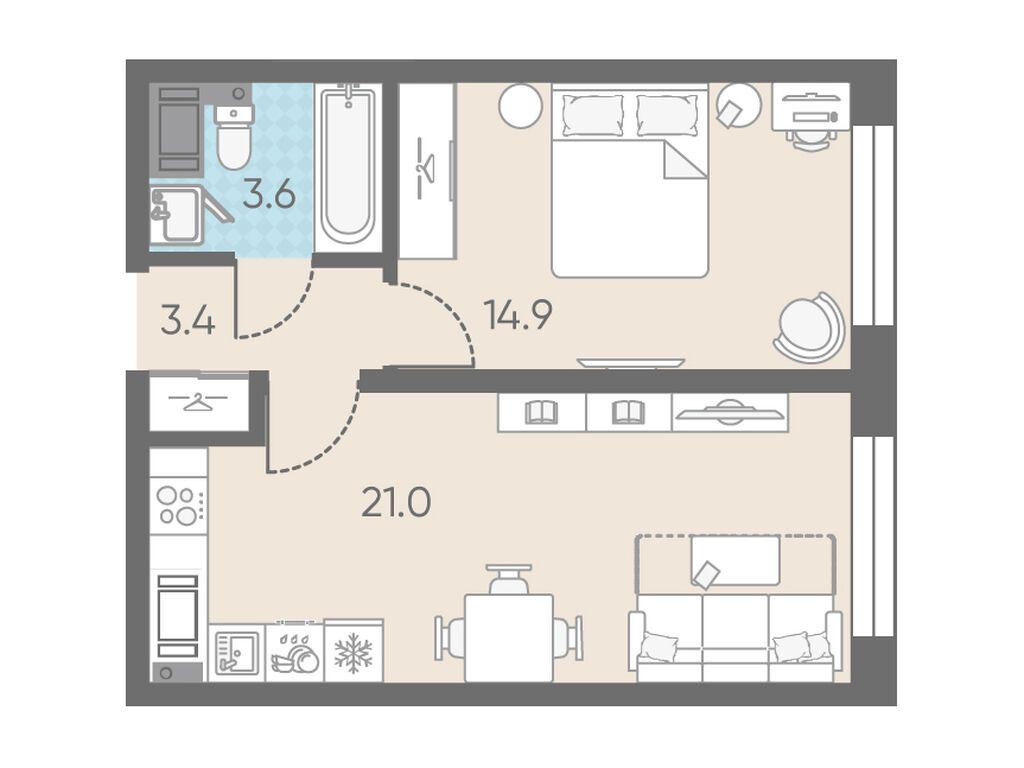 1-комнатная, 42.9 м2, Измайловский 1-комнатная, 42.9 м2, Измайловский