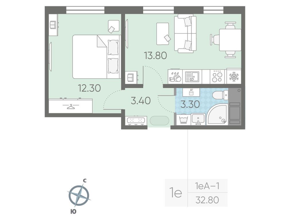 1-комнатная, 32.8 м2, ЖК «Ржевский парк»