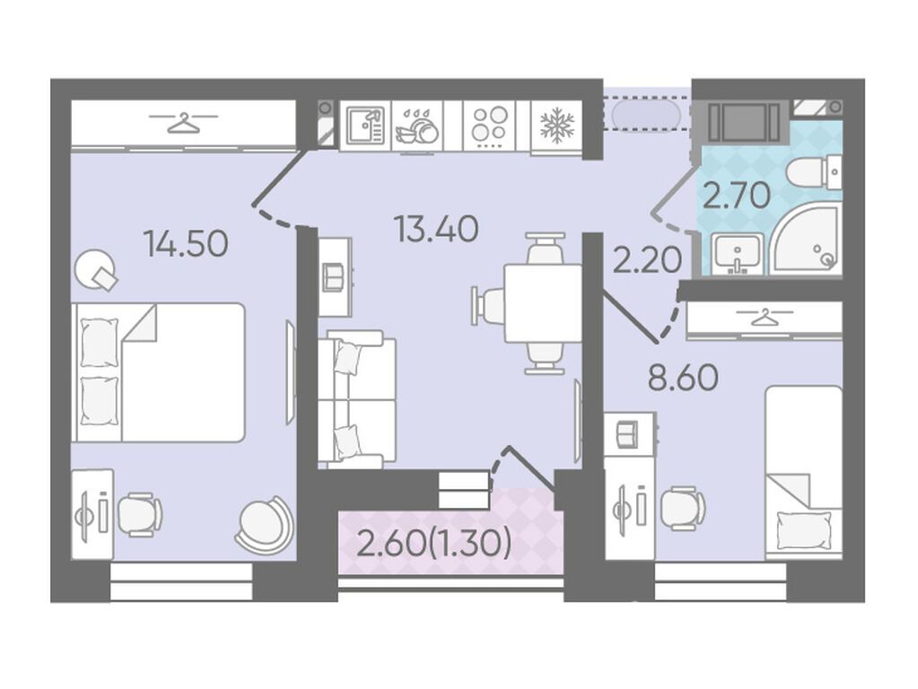 2-комнатная, 43 м2, ЖК «Цветной город»
