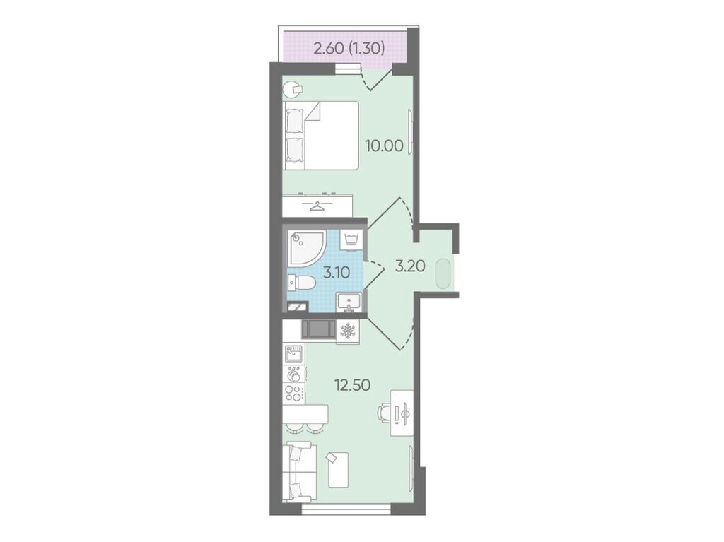 1-комнатная, 30.6 м2, ЖК «Цветной город»