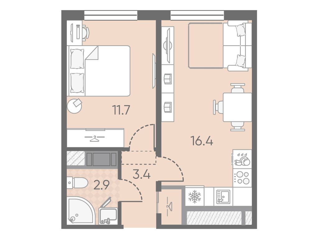 1-комнатная, 34.4 м2, ЖК «Октябрьская набережная»