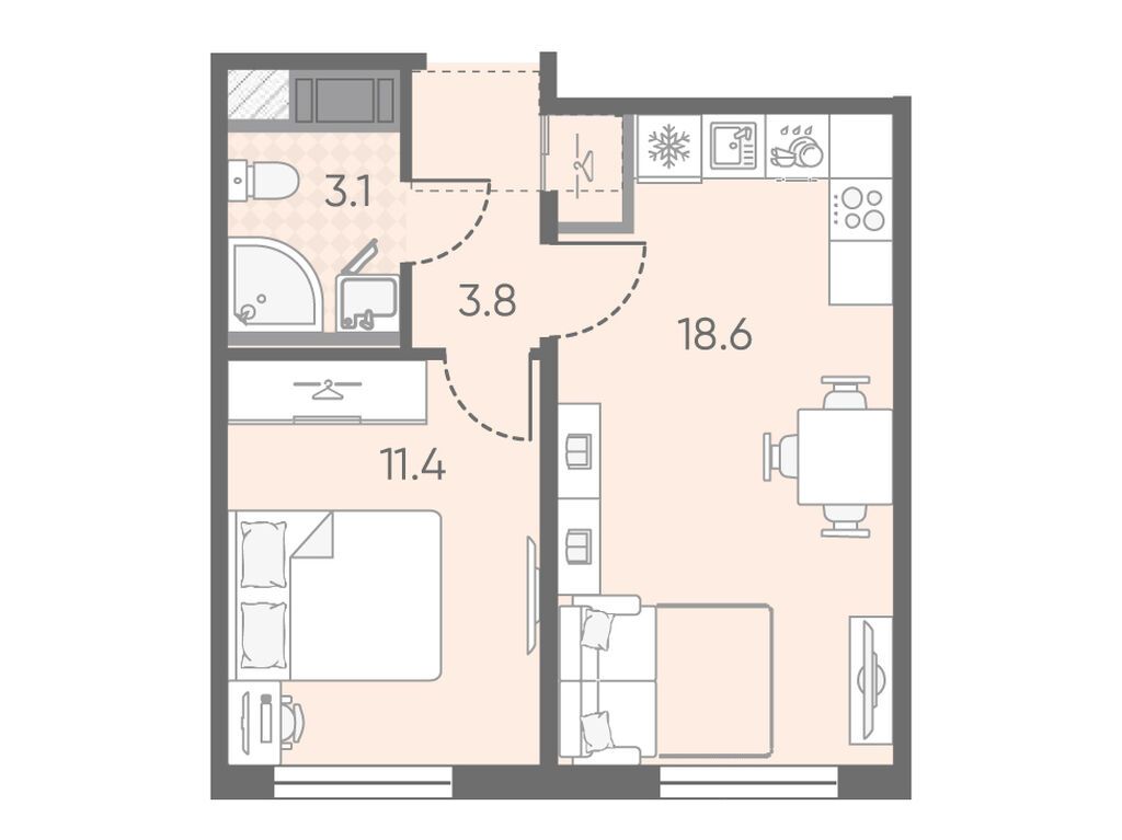 1-комнатная, 36.9 м2, ЖК «Октябрьская набережная»