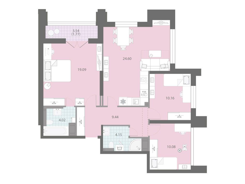 3-комнатная квартира, 83.31 кв.м, ЖК «Цивилизация на Неве»