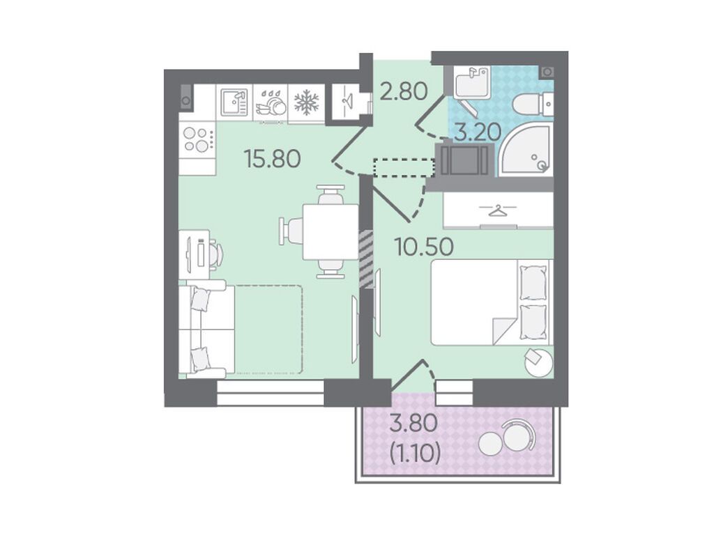 1-комнатная квартира, 33.4 кв.м, ЖК «Цветной город»