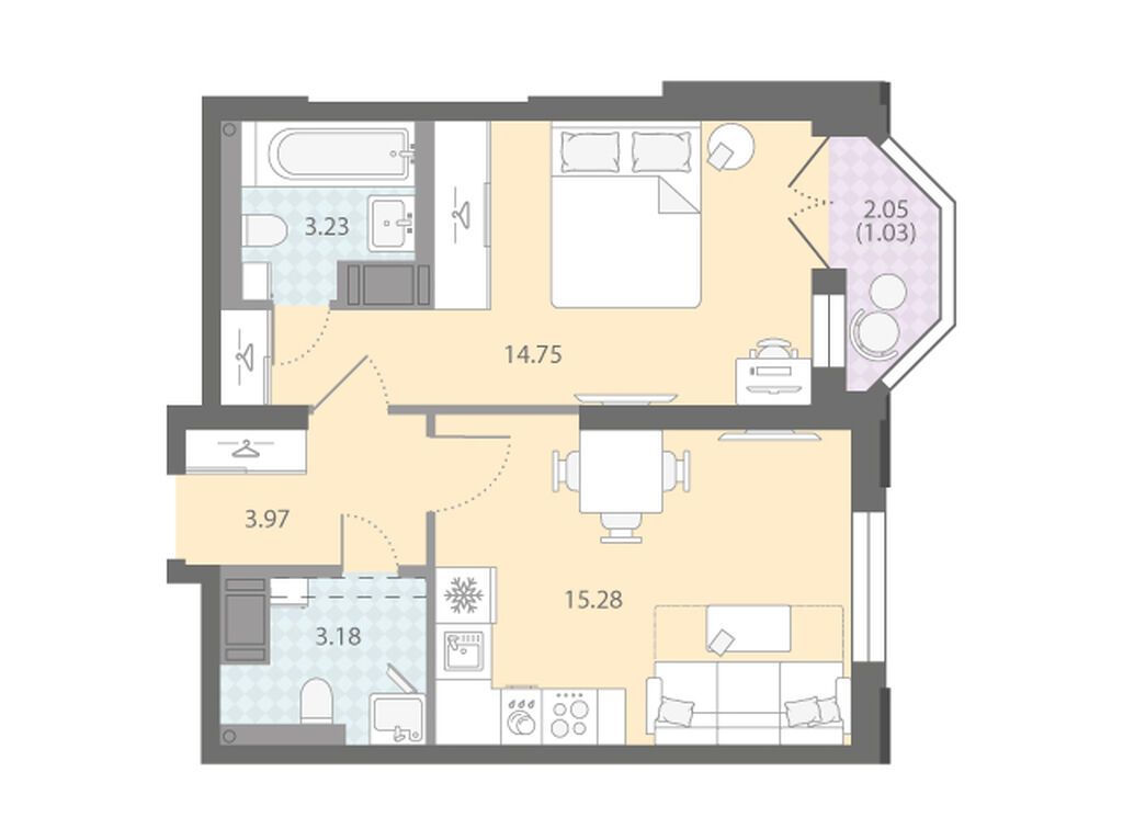 1-комнатная, 41.44 м2, ЖК «Цивилизация на Неве»