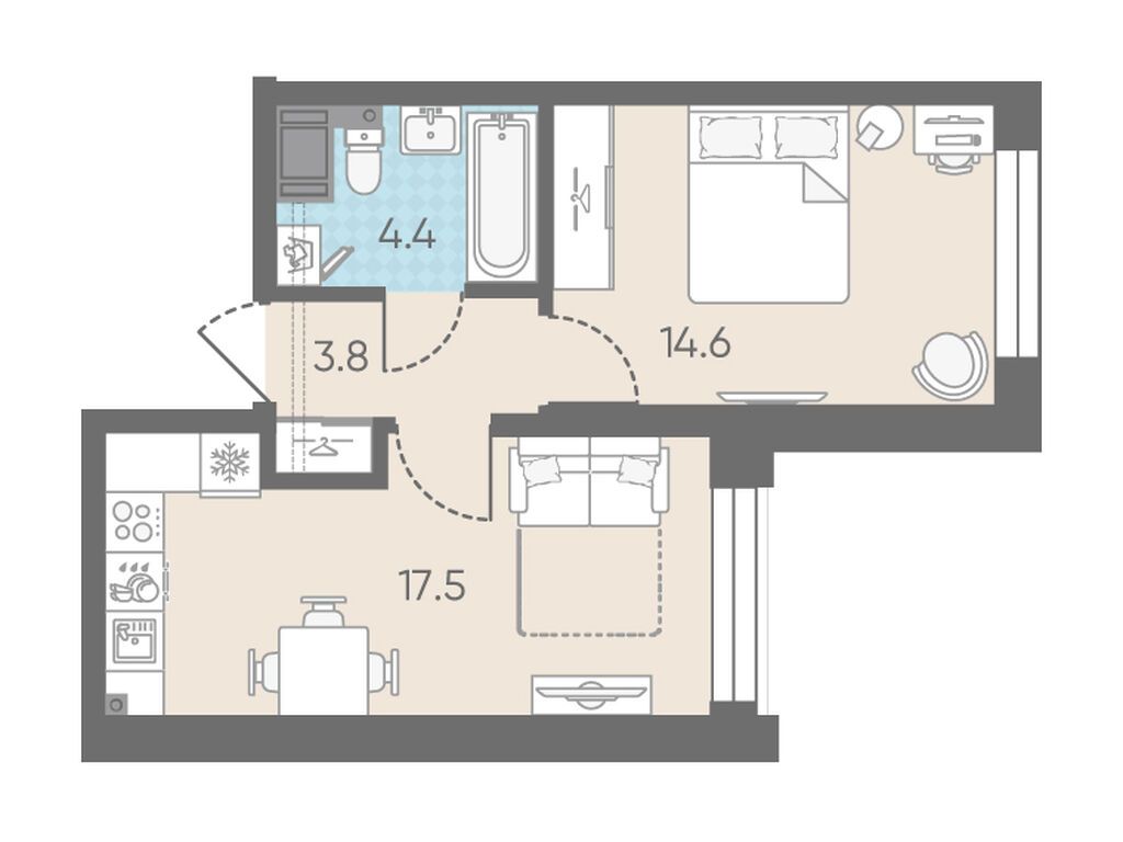 1-комнатная, 40.3 м2, Измайловский 1-комнатная, 40.3 м2, Измайловский
