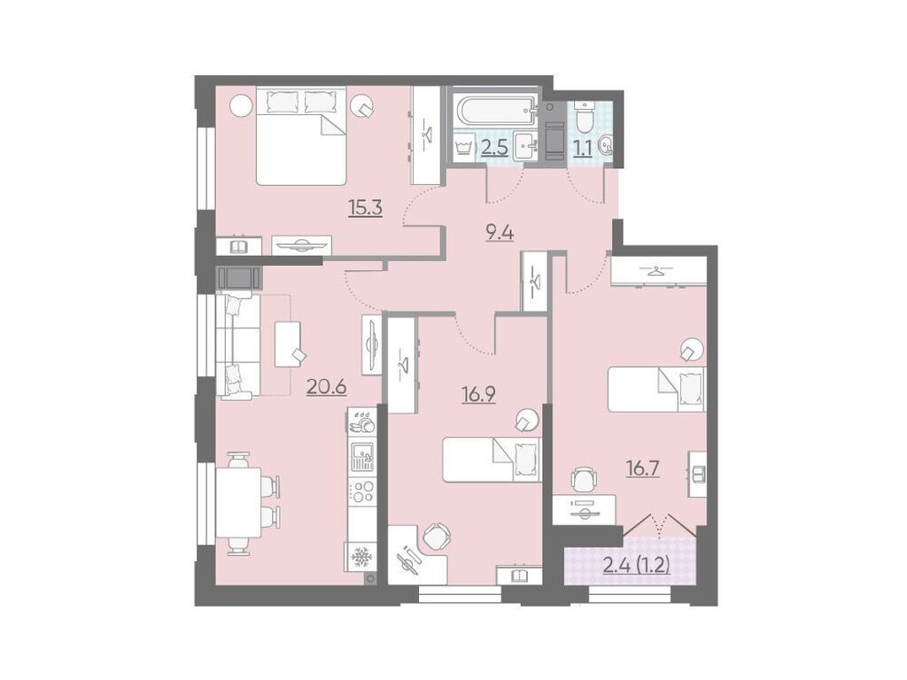 3-комнатная, 82.5 м2, ЖК «Цивилизация на Неве»