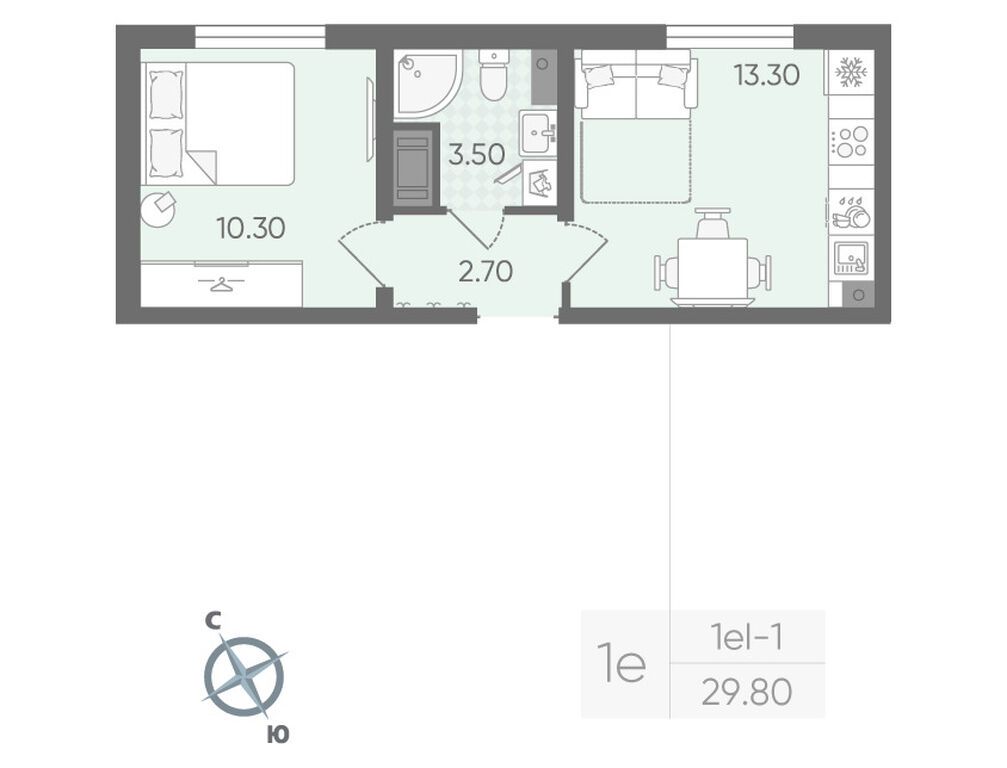 1-комнатная, 29.8 м², 15 этаж из 20, ЖК «Ручьи»