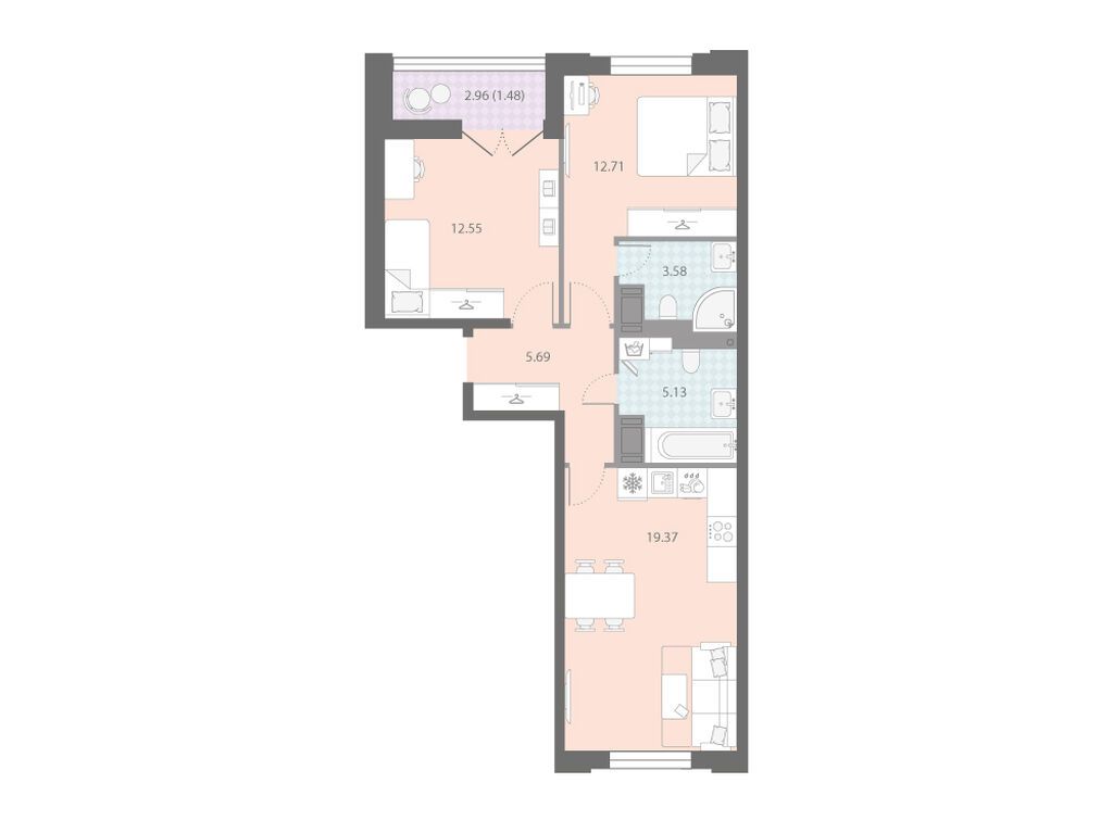 2-комнатная, 60.51 м2, ЖК «Цивилизация на Неве»