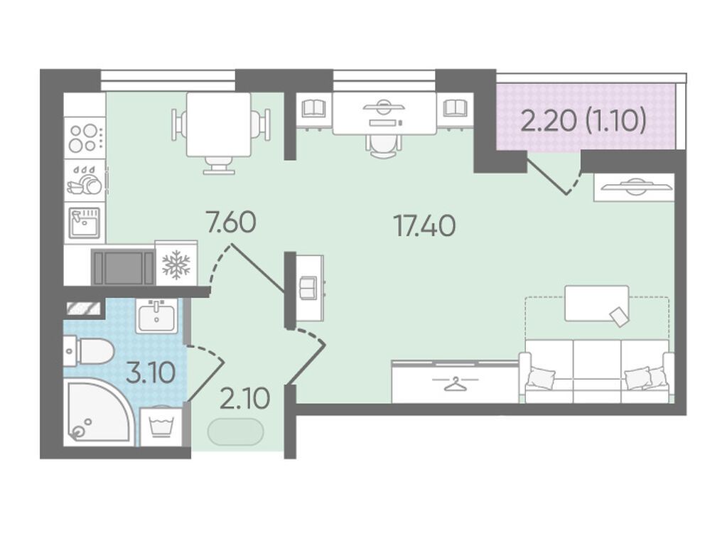 1-комнатная, 31.1 м2, ЖК «Цветной город»