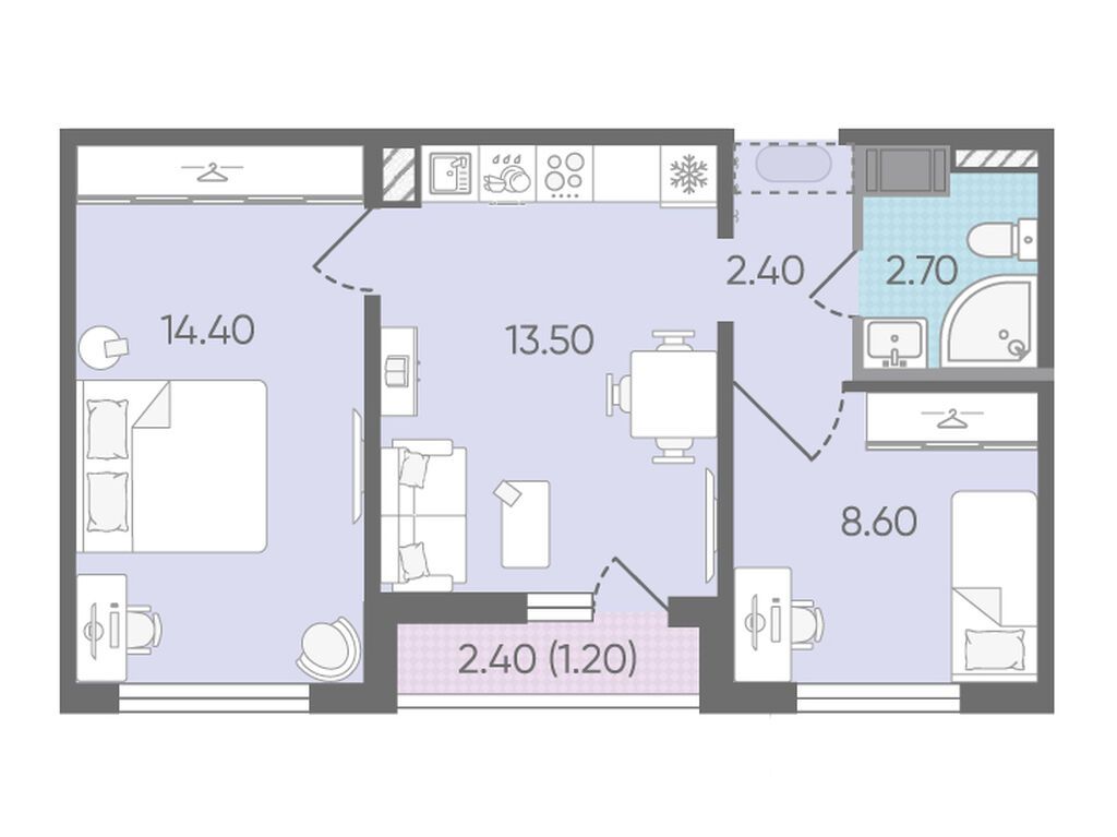2-комнатная, 42.9 м2, ЖК «Цветной город»