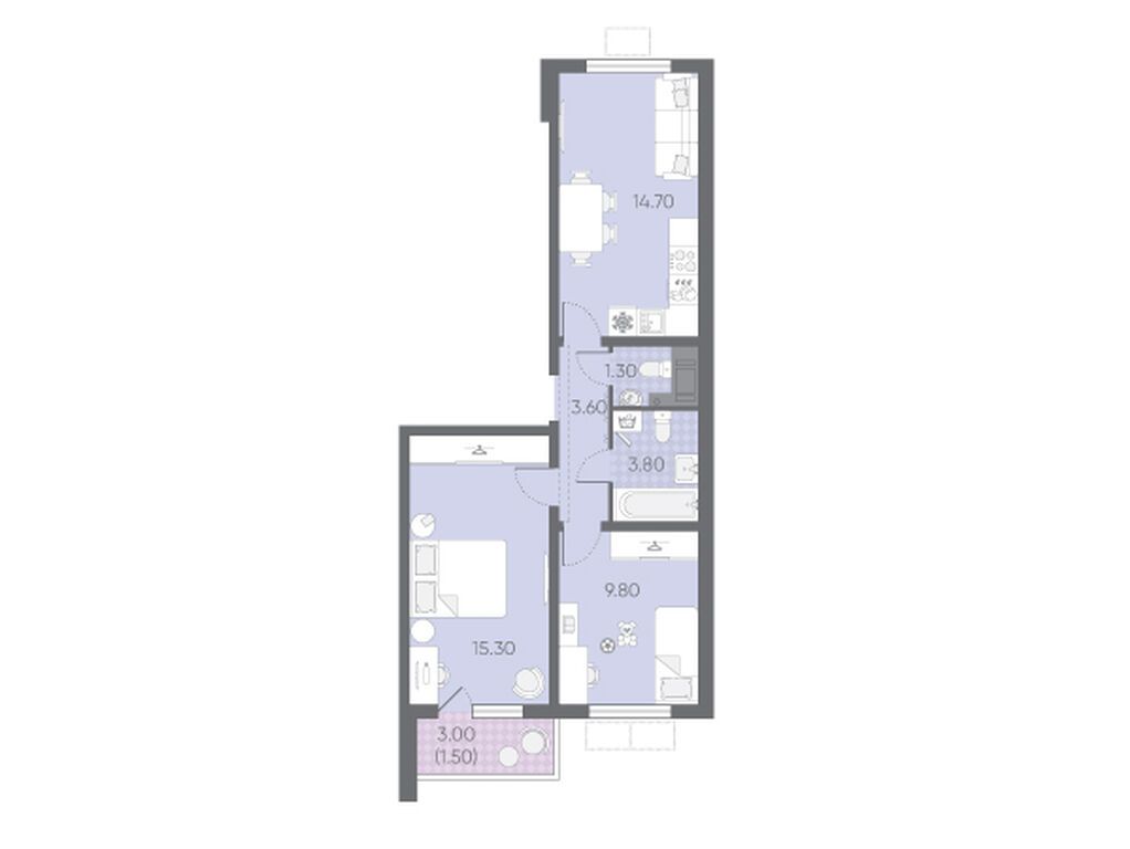 2-комнатная, 50.0 м², 18 этаж из 19, ЖК «Ручьи»
