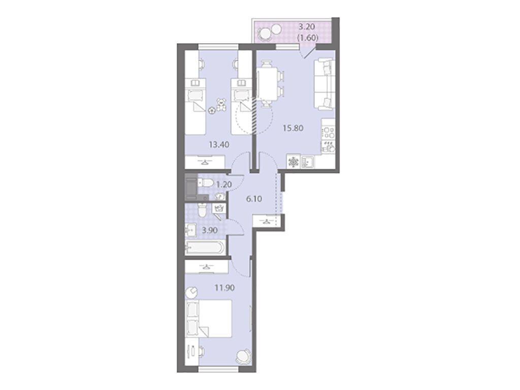 2-комнатная квартира, 53.9 кв.м, ЖК «Ручьи»