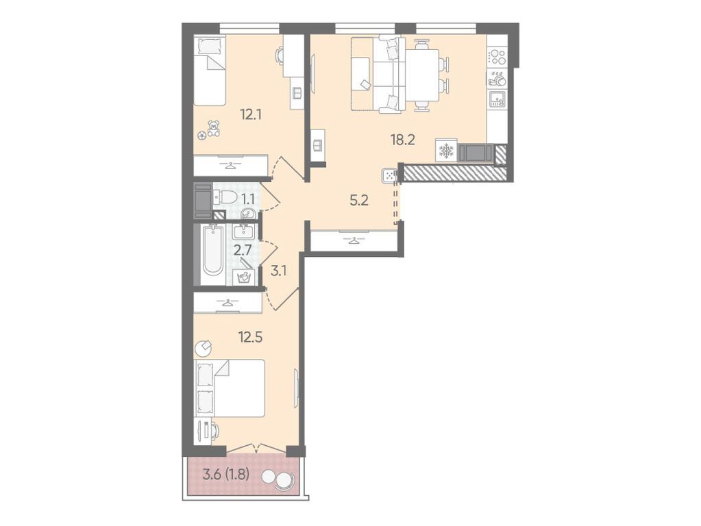 2-комнатная квартира, 56.7 кв.м, ЖК «Пейзажный квартал»