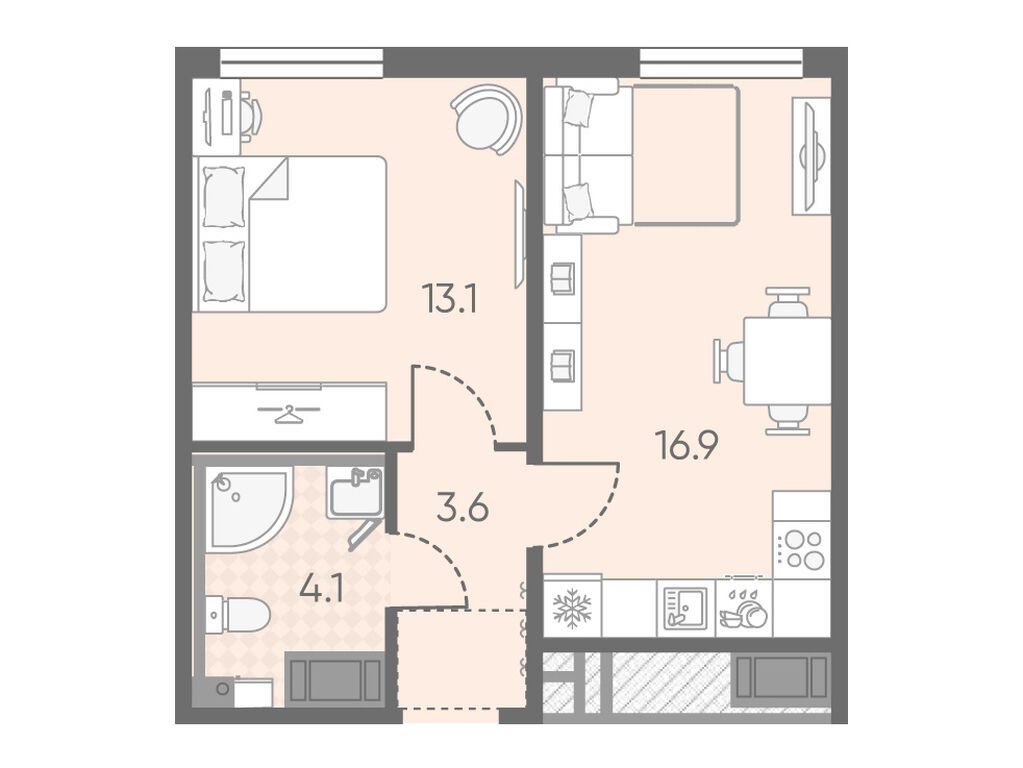 1-комнатная, 37.7 м2, ЖК «Октябрьская набережная»