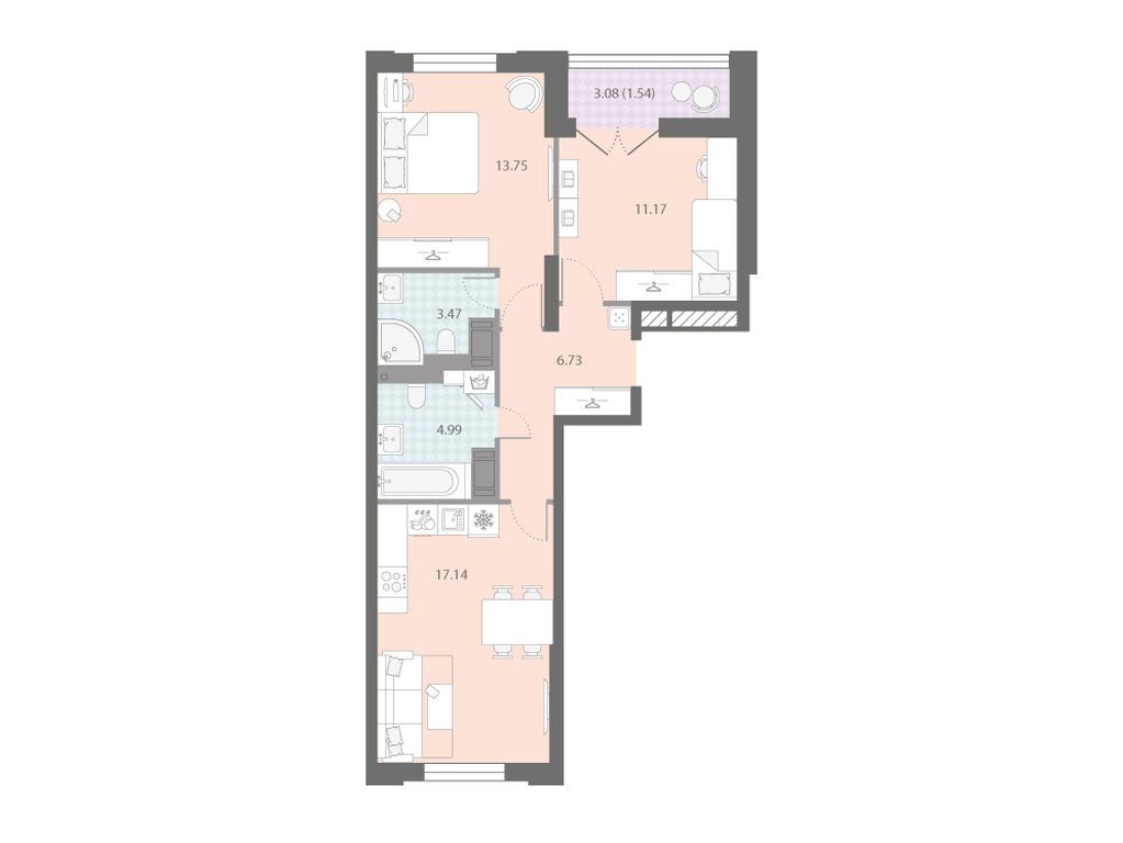2-комнатная квартира, 58.79 кв.м, ЖК «Цивилизация на Неве»