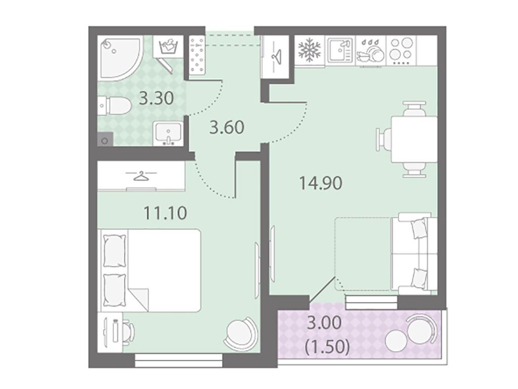 1-комнатная, 34.4 м2, ЖК «Ручьи»