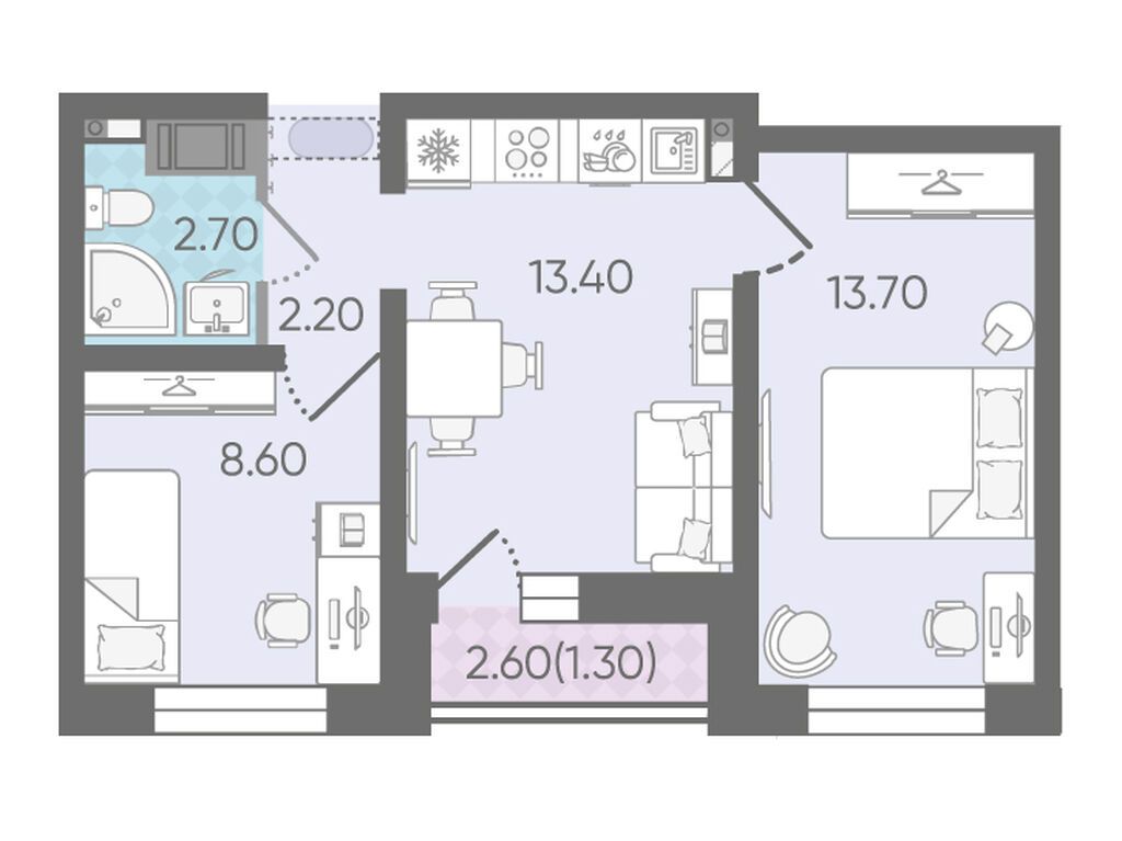 2-комнатная, 42.1 м2, ЖК «Цветной город»