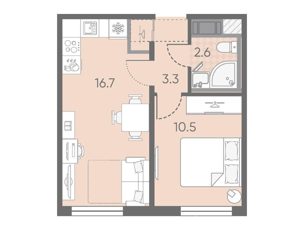 1-комнатная, 33.1 м2, ЖК «Октябрьская набережная»
