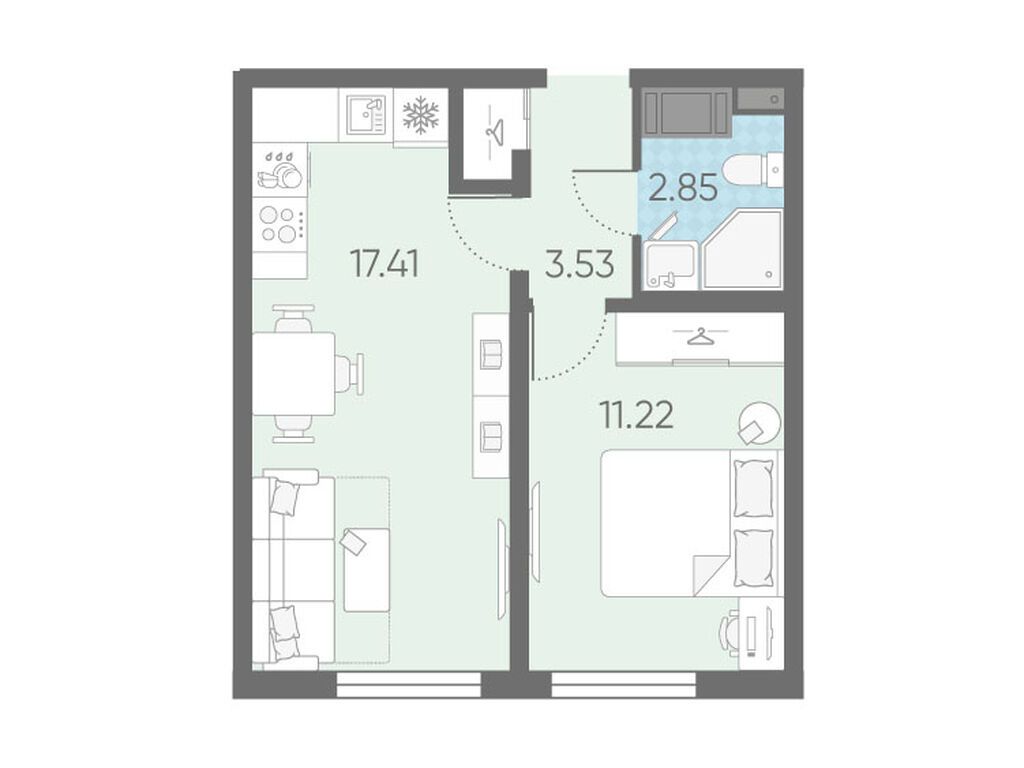 1-комнатная, 35.01 м2, Морская миля 1-комнатная, 35.01 м2, Морская миля
