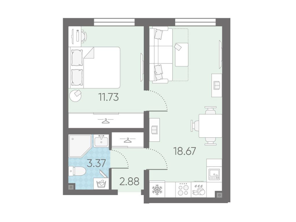 1-комнатная, 36.65 м2, Морская миля 1-комнатная, 36.65 м2, Морская миля