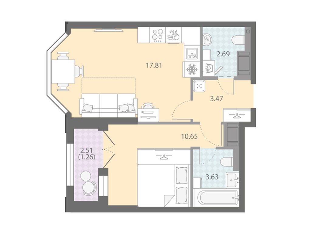 1-комнатная, 39.51 м2, ЖК «Цивилизация на Неве»