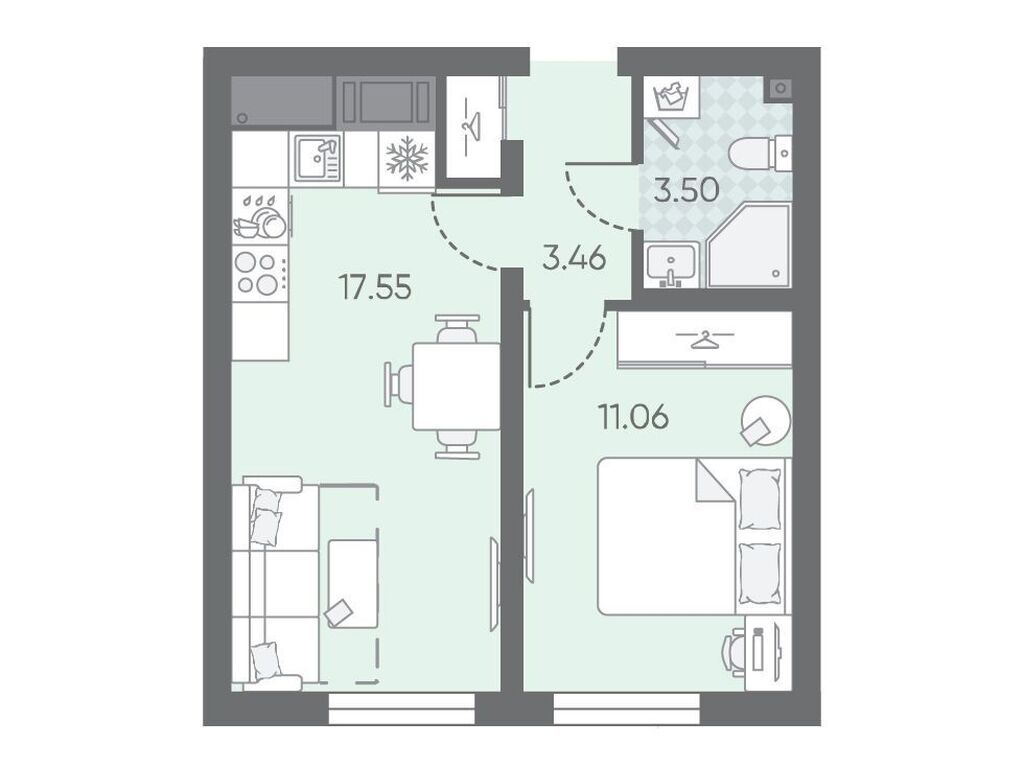 1-комнатная, 35.69 м2, Морская миля 1-комнатная, 35.69 м2, Морская миля