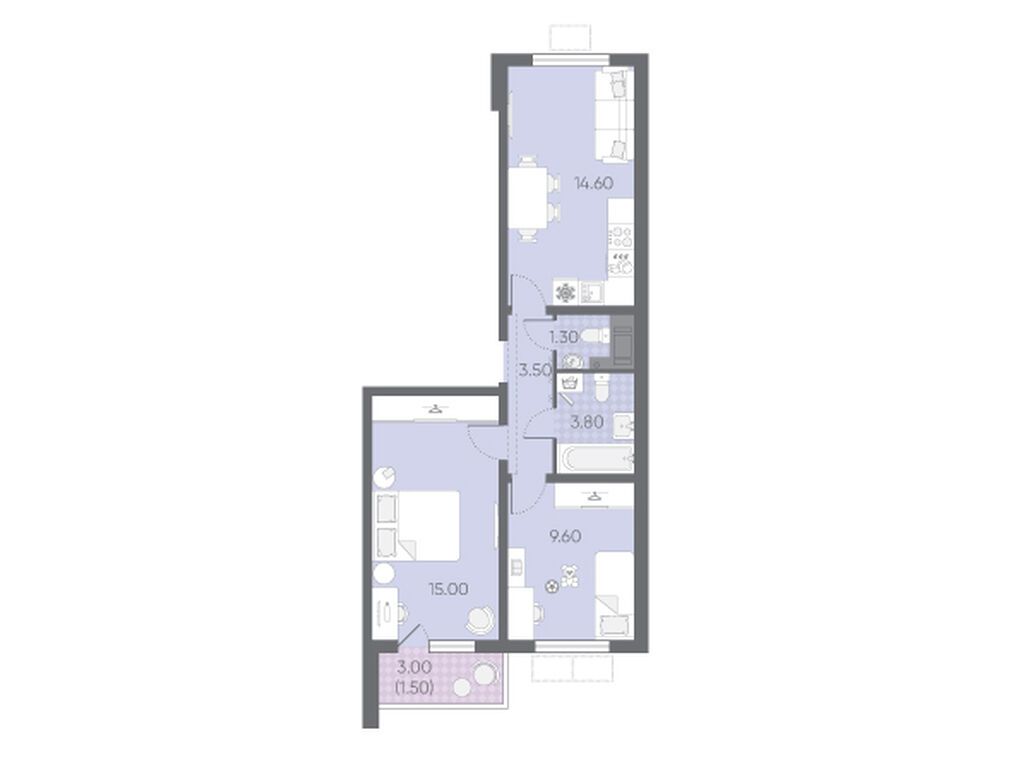2-комнатная, 49.3 м2, ЖК «Ручьи»