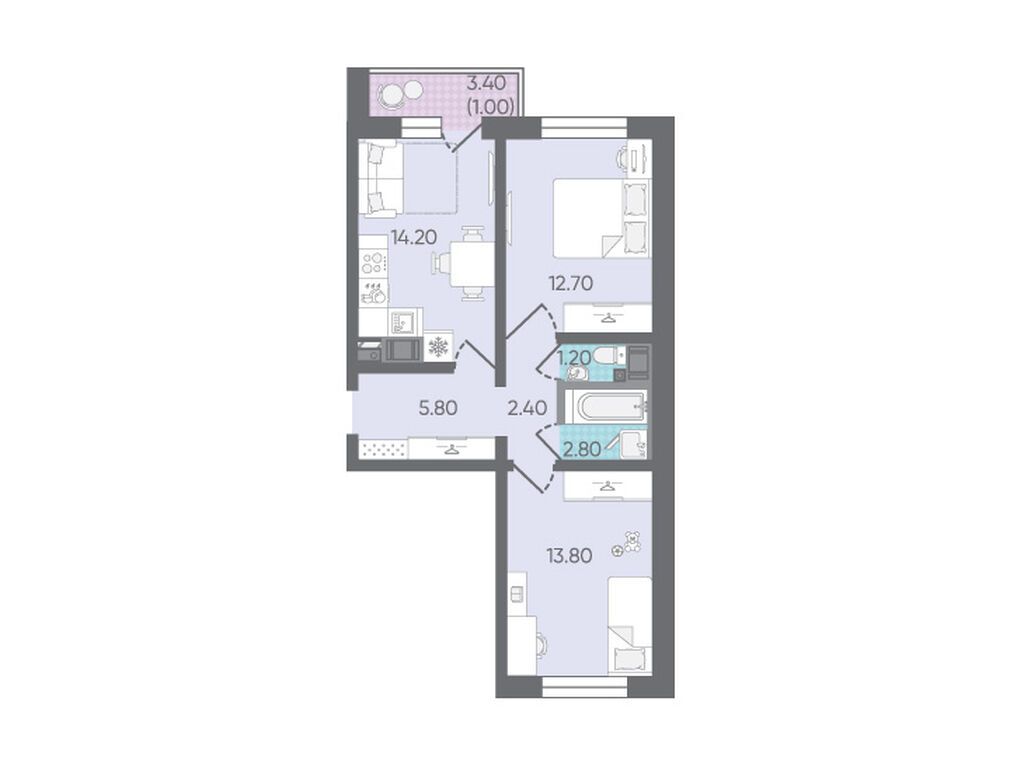 2-комнатная квартира, 53.9 кв.м, ЖК «Цветной город»