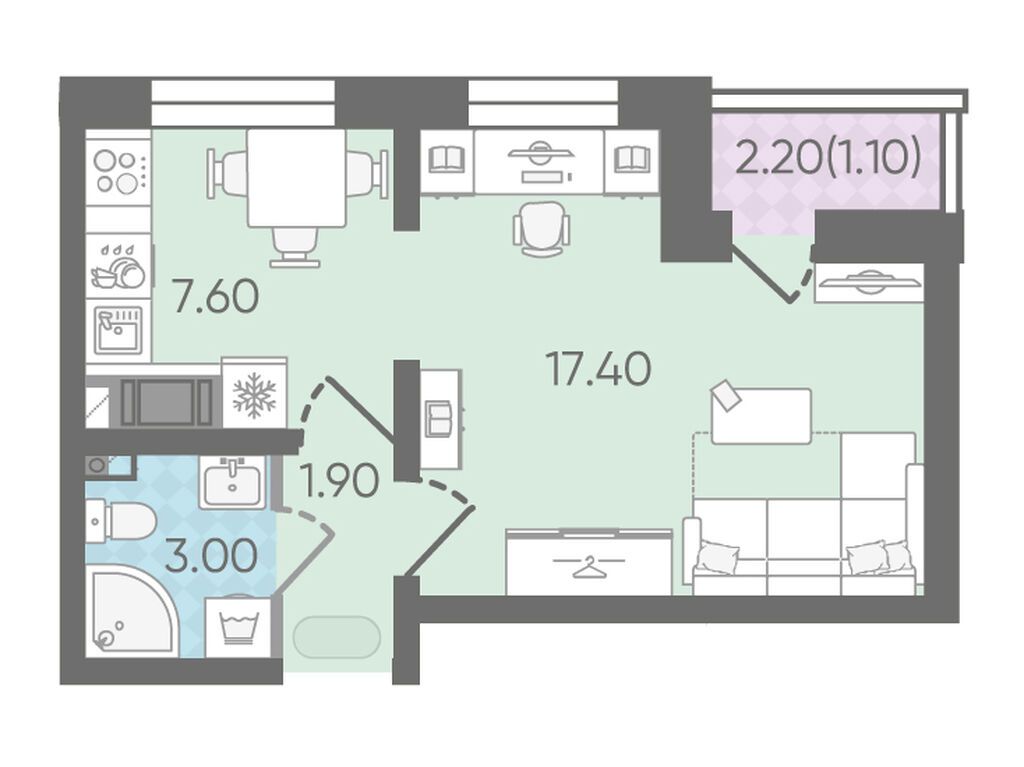 1-комнатная квартира, 31.2 кв.м, ЖК «Цветной город»