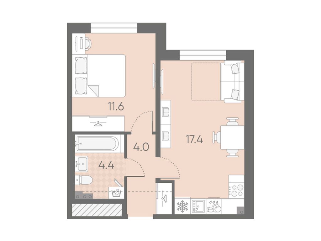 1-комнатная квартира, 37.4 кв.м, ЖК «Пулково Лейк»