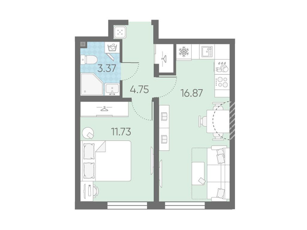 1-комнатная, 36.72 м2, Морская миля 1-комнатная, 36.72 м2, Морская миля