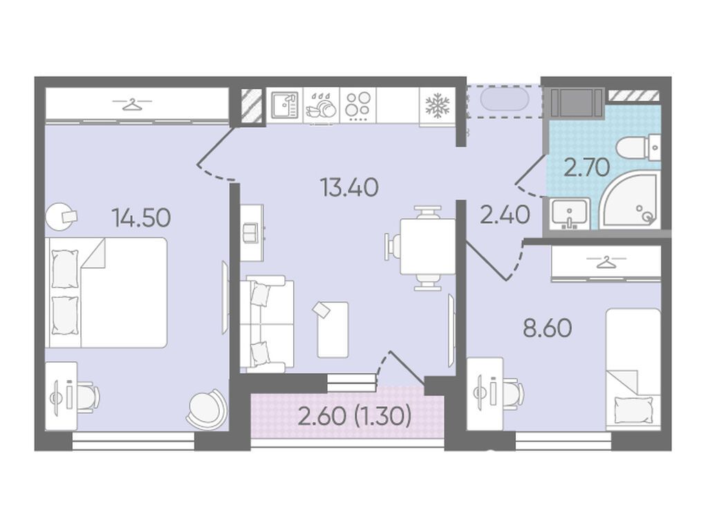 2-комнатная, 43.1 м2, ЖК «Цветной город»
