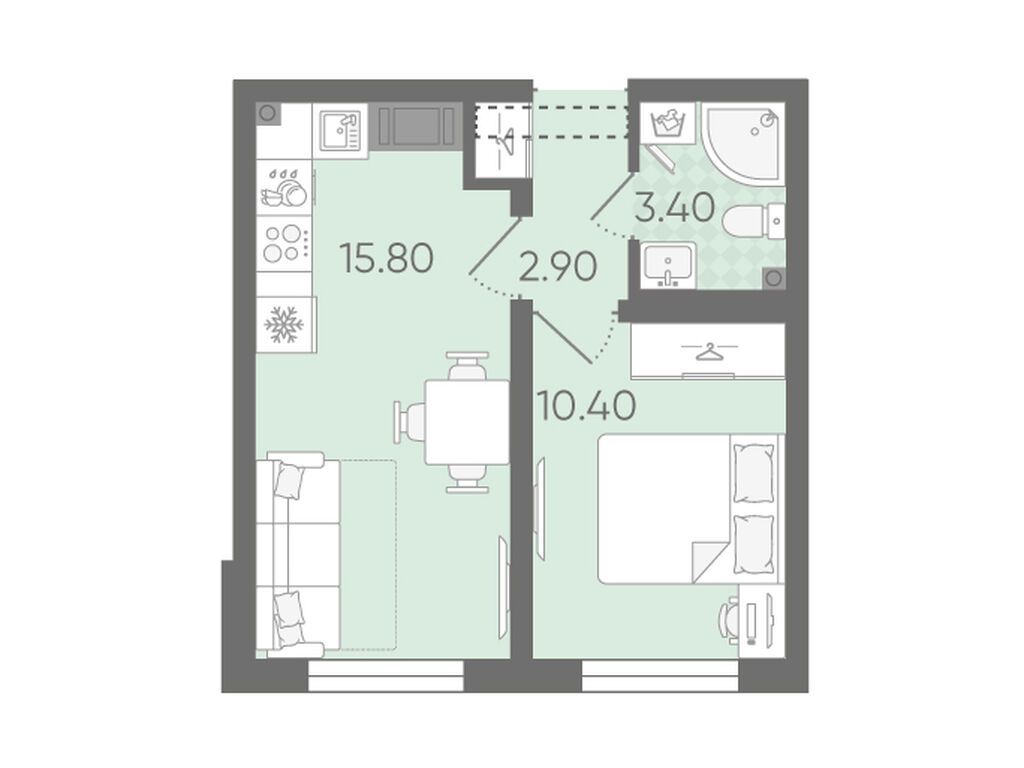 1-комнатная, 32.5 м², 10 этаж из 21, ЖК «Ручьи»