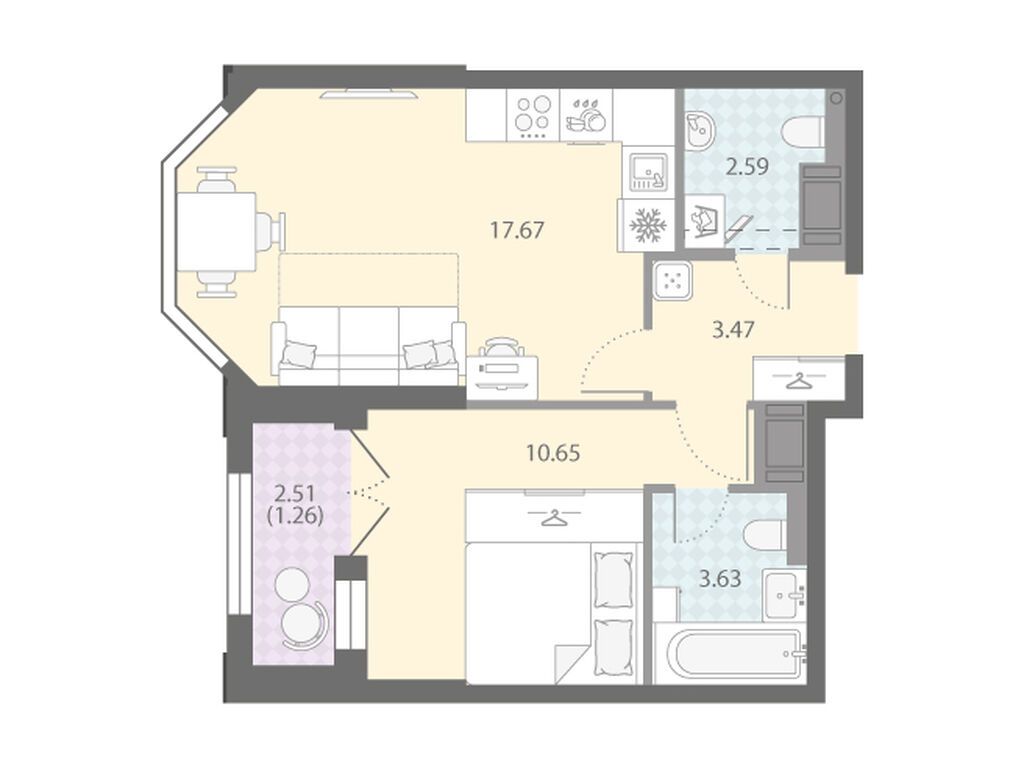 1-комнатная, 39.27 м2, ЖК «Цивилизация на Неве»