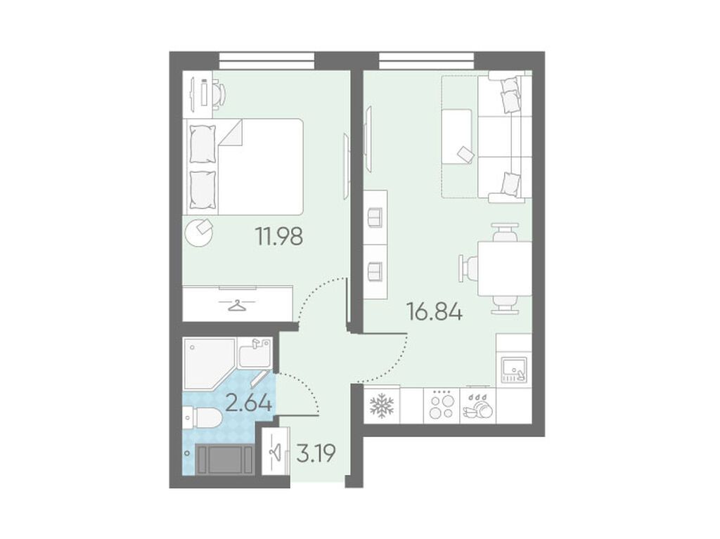 1-комнатная, 34.65 м2, Морская миля 1-комнатная, 34.65 м2, Морская миля