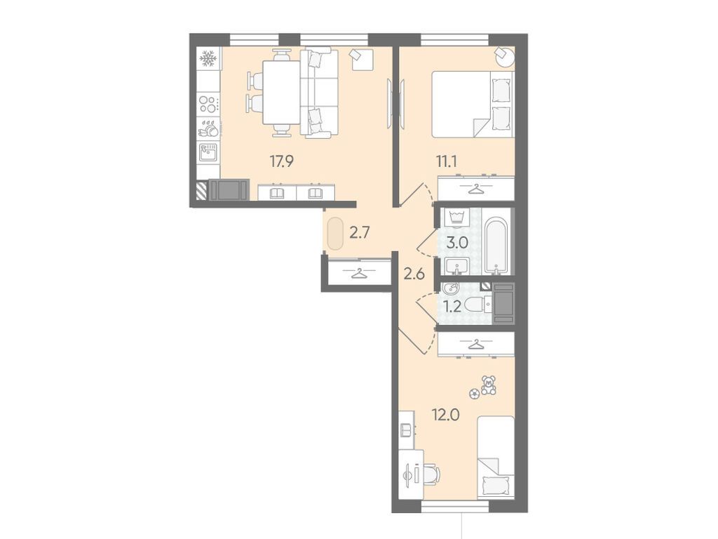 2-комнатная квартира, 50.5 кв.м, ЖК «Пейзажный квартал»