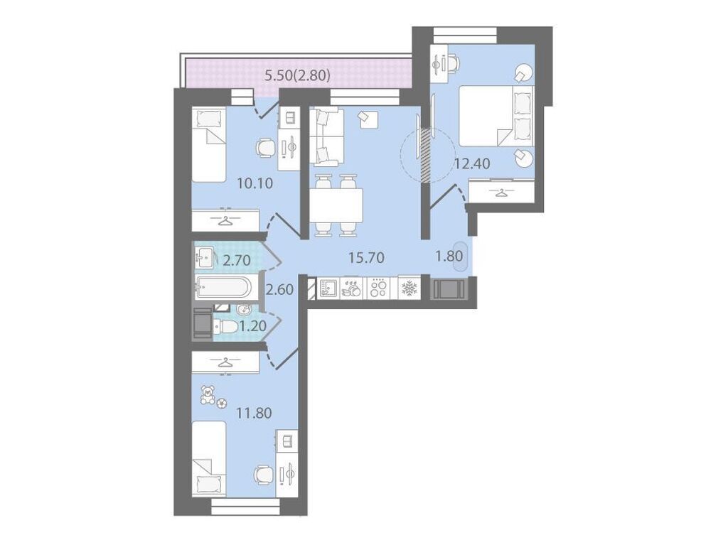 3-комнатная, 61.6 м2, ЖК «Цветной город»