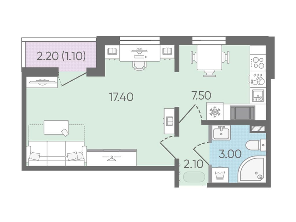 1-комнатная квартира, 31.1 кв.м, ЖК "Цветной город"