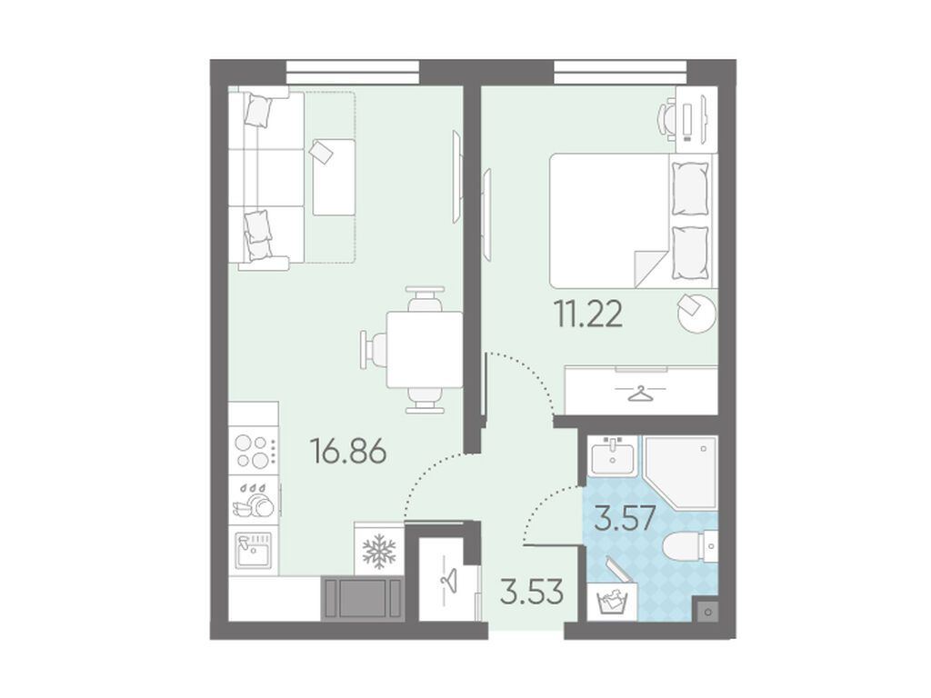 1-комнатная, 35.18 м2, Морская миля 1-комнатная, 35.18 м2, Морская миля